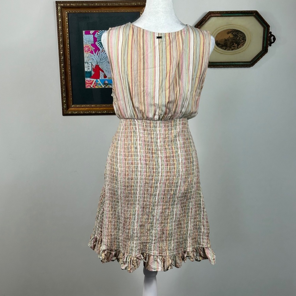 O'Neill Multi Color V Neck Striped Dress w/ Ruched Bodice - SIZE L Ruffle Beach - Picture 4 of 6